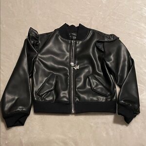 Rachel Zoe Black Faux Leather Ruffle-Shoulder Bomber